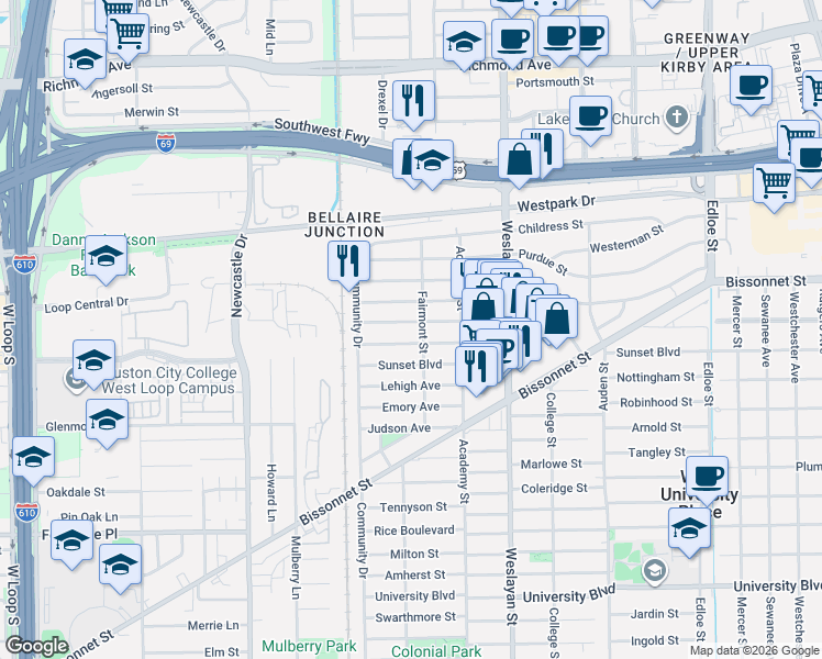 map of restaurants, bars, coffee shops, grocery stores, and more near 4208 Albans Road in West University Place