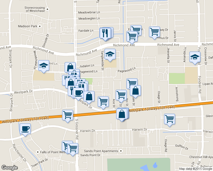 map of restaurants, bars, coffee shops, grocery stores, and more near 3999 Tanglewilde Street in Houston
