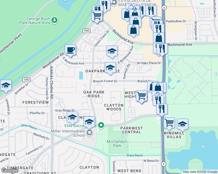 map of restaurants, bars, coffee shops, grocery stores, and more near 14862 Dorray Lane in Houston