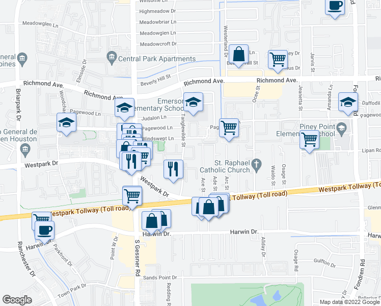 map of restaurants, bars, coffee shops, grocery stores, and more near 3999 Tanglewilde Street in Houston