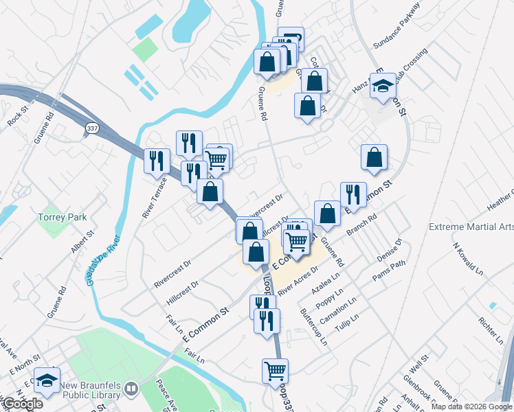 map of restaurants, bars, coffee shops, grocery stores, and more near 1347 Rivercrest Drive in New Braunfels