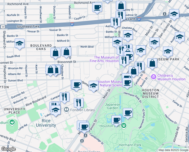 map of restaurants, bars, coffee shops, grocery stores, and more near 10 Remington Lane in Houston