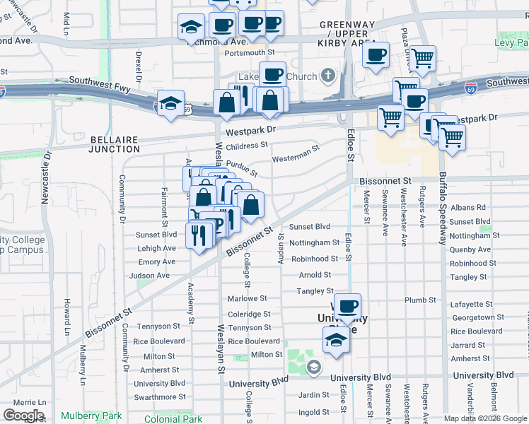 map of restaurants, bars, coffee shops, grocery stores, and more near 3810 Law Street in Houston