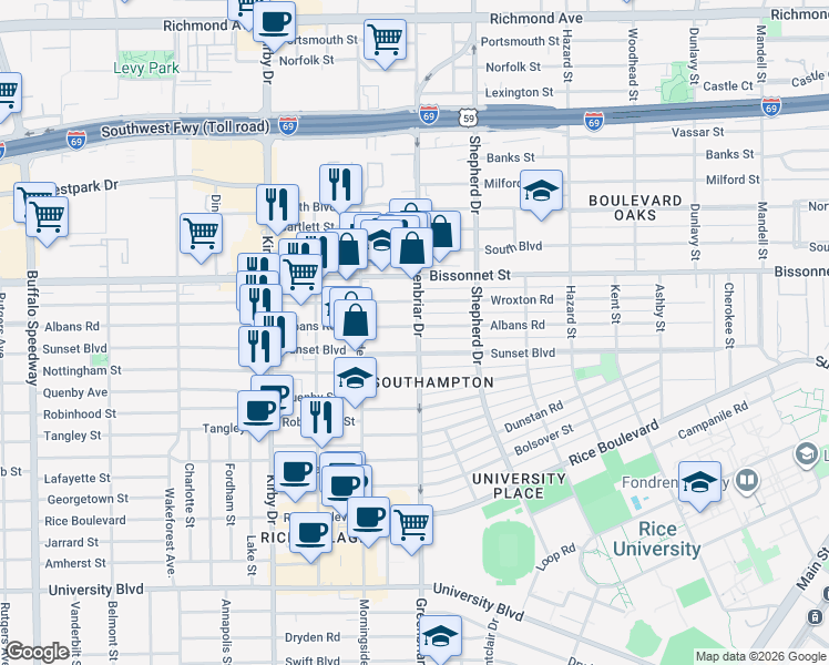 map of restaurants, bars, coffee shops, grocery stores, and more near 2316 Albans Road in Houston