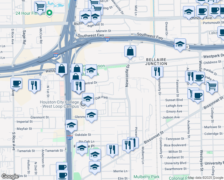 map of restaurants, bars, coffee shops, grocery stores, and more near 4848 Pin Oak Park in Houston