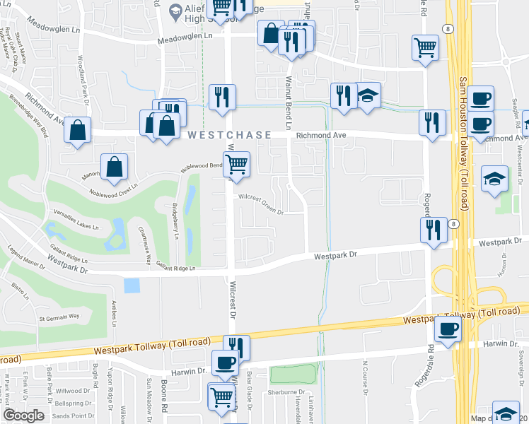 map of restaurants, bars, coffee shops, grocery stores, and more near 3606 Fallen Palms Court in Houston