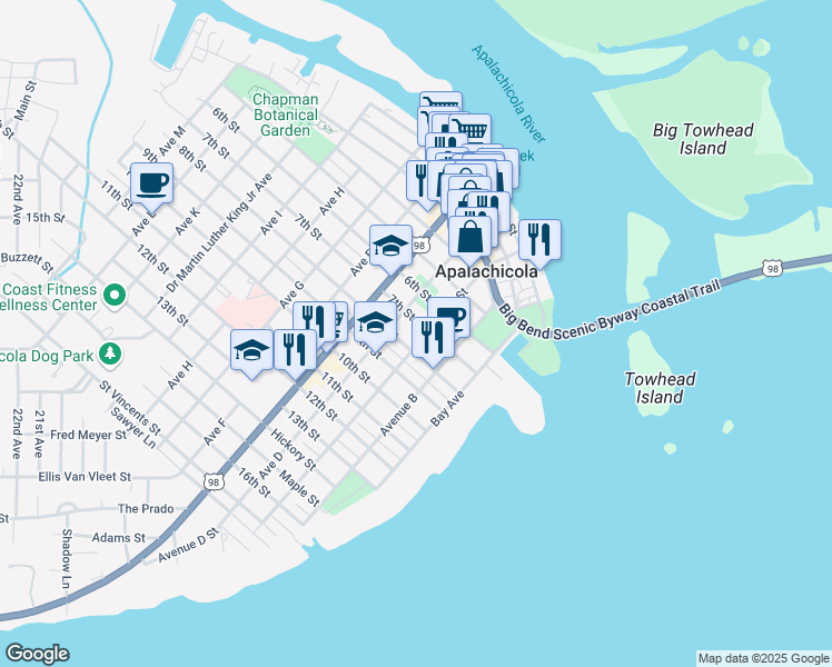 map of restaurants, bars, coffee shops, grocery stores, and more near 87 Avenue C in Apalachicola