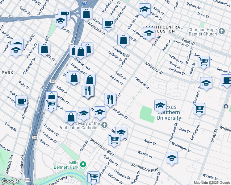 map of restaurants, bars, coffee shops, grocery stores, and more near 2817 Rosewood Street in Houston