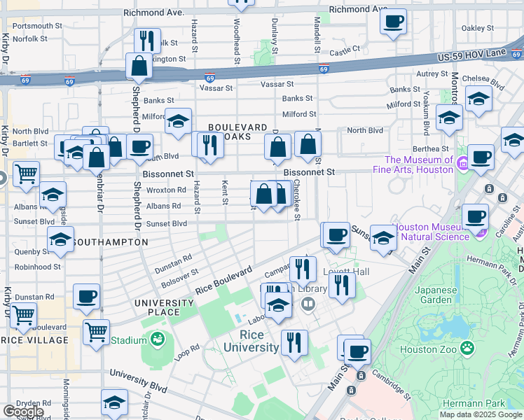 map of restaurants, bars, coffee shops, grocery stores, and more near 1744 Albans Road in Houston