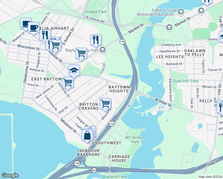 map of restaurants, bars, coffee shops, grocery stores, and more near 2102 Hill Street in Baytown