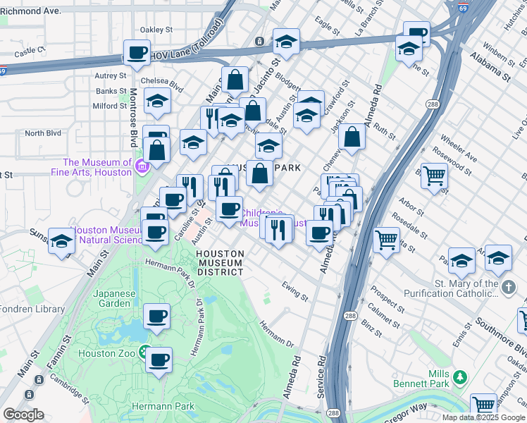 map of restaurants, bars, coffee shops, grocery stores, and more near 5445 La Branch Street in Houston