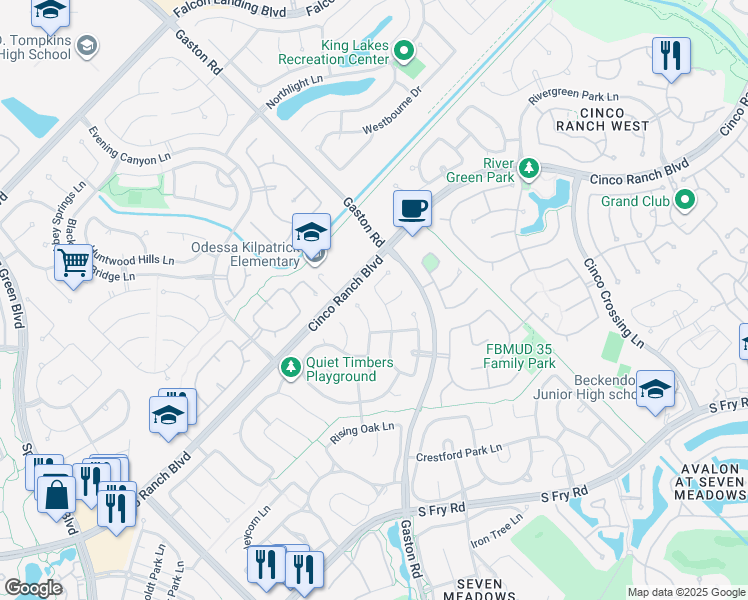map of restaurants, bars, coffee shops, grocery stores, and more near 5006 Big Meadow Lane in Katy