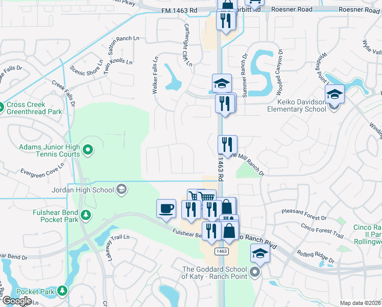 map of restaurants, bars, coffee shops, grocery stores, and more near 4115 Addison Ranch Lane in Fulshear