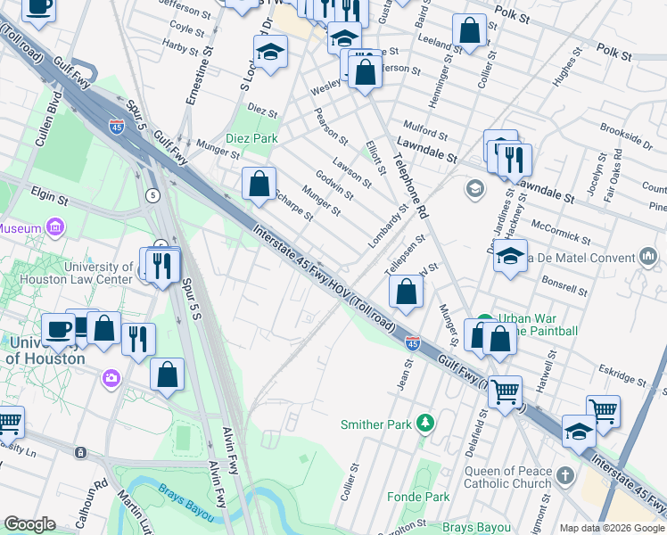 map of restaurants, bars, coffee shops, grocery stores, and more near 4841 Gulf Freeway in Houston