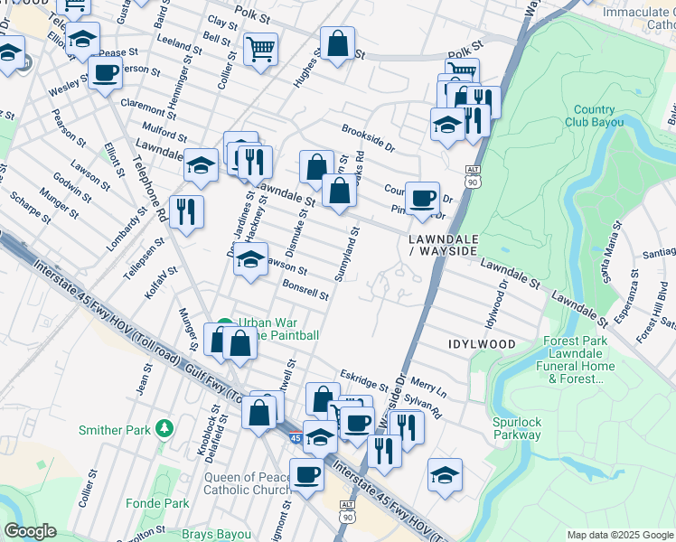 map of restaurants, bars, coffee shops, grocery stores, and more near 1503 Sunnyland Street in Houston