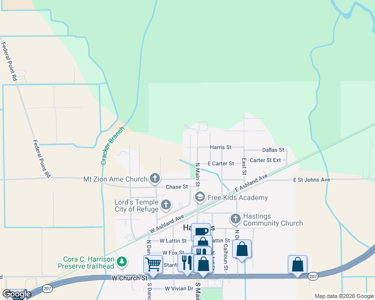 map of restaurants, bars, coffee shops, grocery stores, and more near 715 Merkerson Street in Hastings