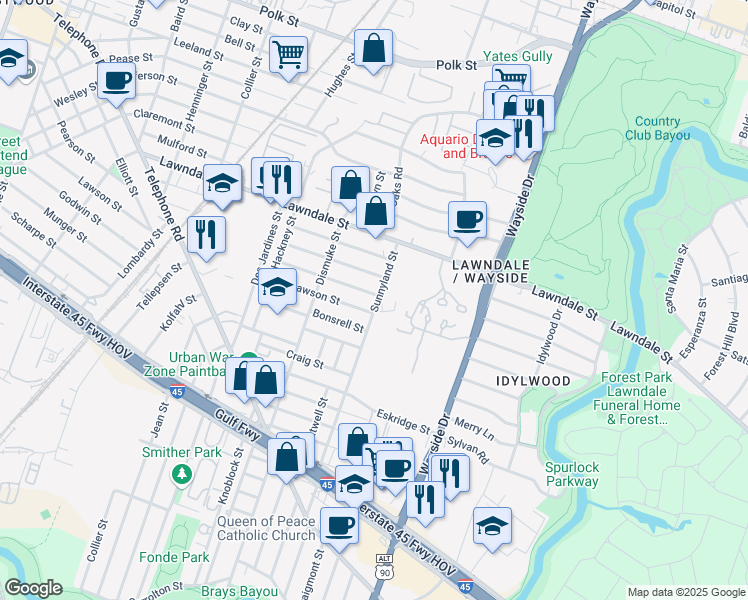 map of restaurants, bars, coffee shops, grocery stores, and more near 1503 Sunnyland Street in Houston