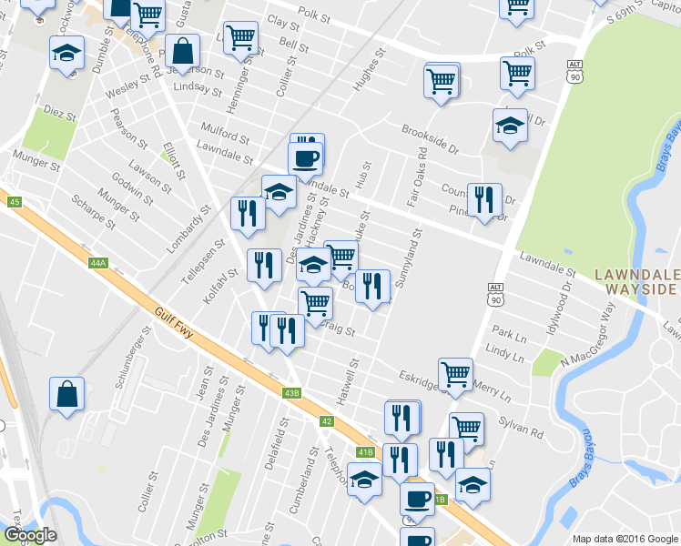 map of restaurants, bars, coffee shops, grocery stores, and more near 5544 Lawson Street in Houston