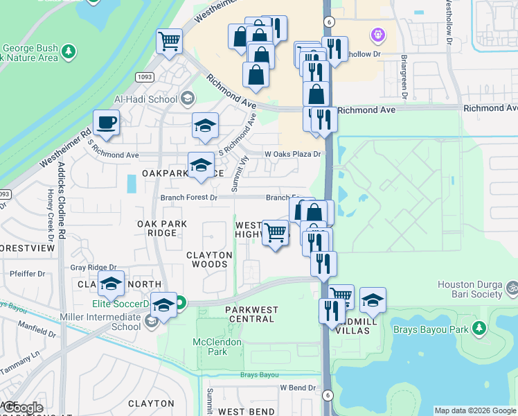 map of restaurants, bars, coffee shops, grocery stores, and more near 14735 Branchwest Drive in Houston