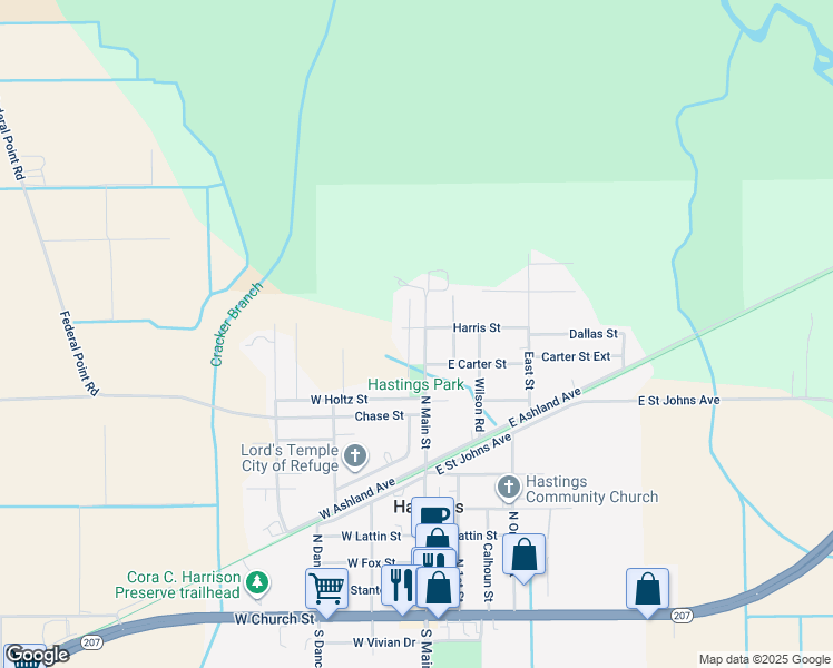 map of restaurants, bars, coffee shops, grocery stores, and more near 715 North Main Street in Hastings