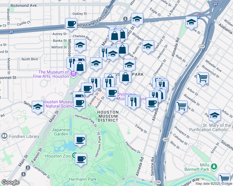 map of restaurants, bars, coffee shops, grocery stores, and more near 5504 La Branch Street in Houston