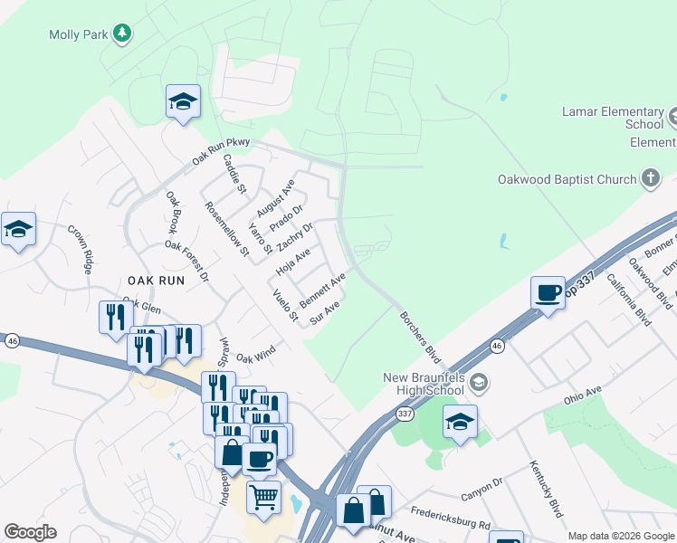 map of restaurants, bars, coffee shops, grocery stores, and more near 354 Nightshade Trail in New Braunfels