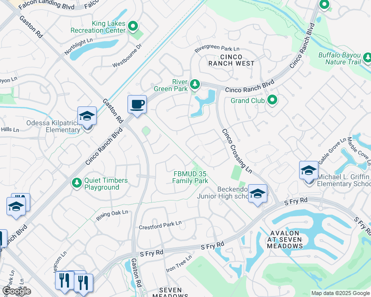 map of restaurants, bars, coffee shops, grocery stores, and more near 5206 Arcadia Glen Lane in Katy