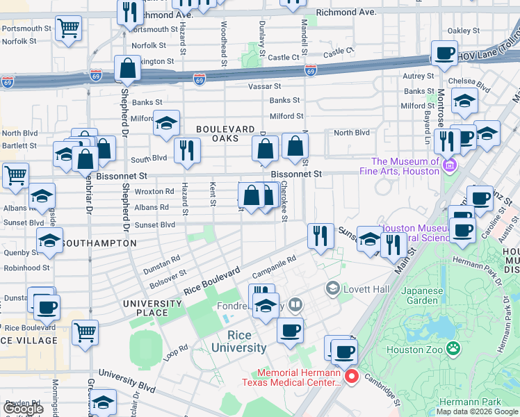 map of restaurants, bars, coffee shops, grocery stores, and more near 1744 Albans Road in Houston