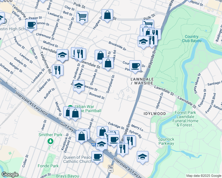 map of restaurants, bars, coffee shops, grocery stores, and more near 1503 Sunnyland Street in Houston