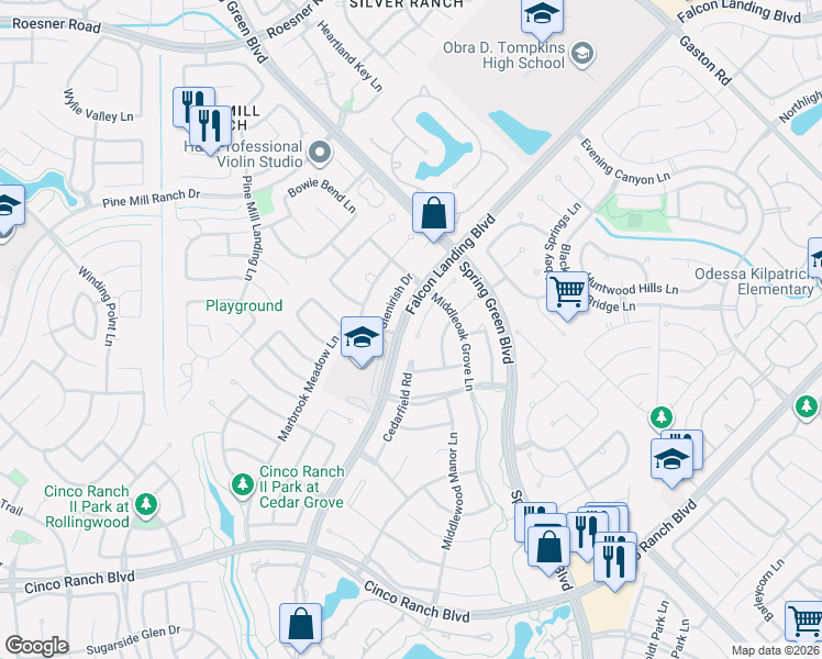map of restaurants, bars, coffee shops, grocery stores, and more near 4419 Red Oak Grove Court in Katy