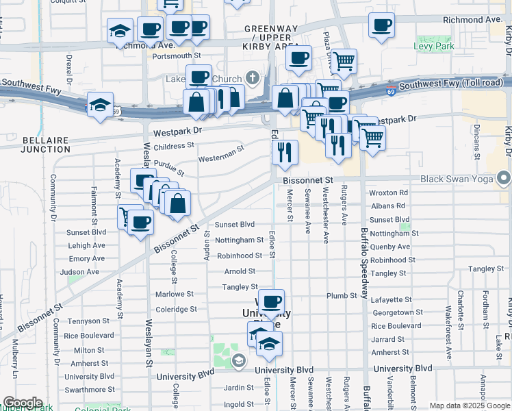 map of restaurants, bars, coffee shops, grocery stores, and more near 3724 Albans Road in Houston