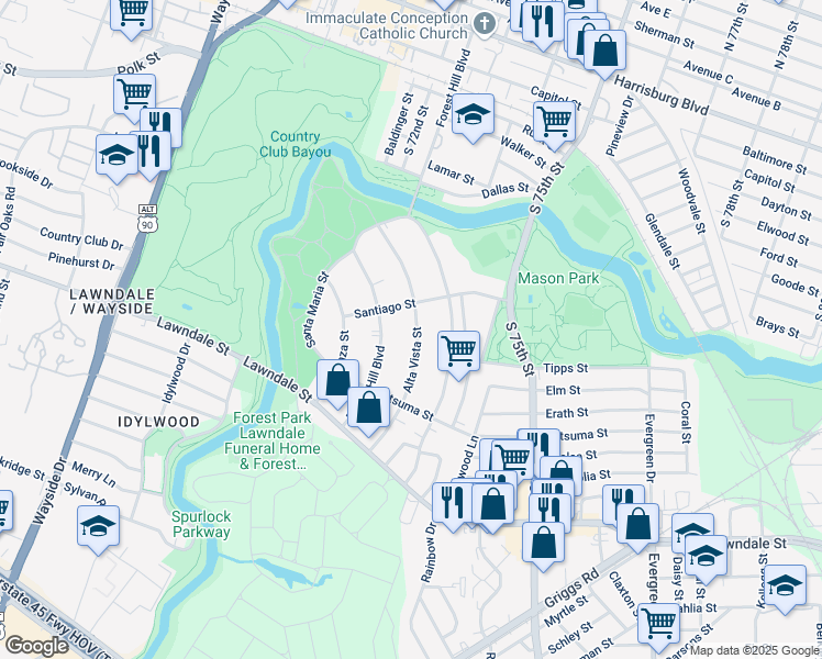 map of restaurants, bars, coffee shops, grocery stores, and more near 1824 Alta Vista Street in Houston