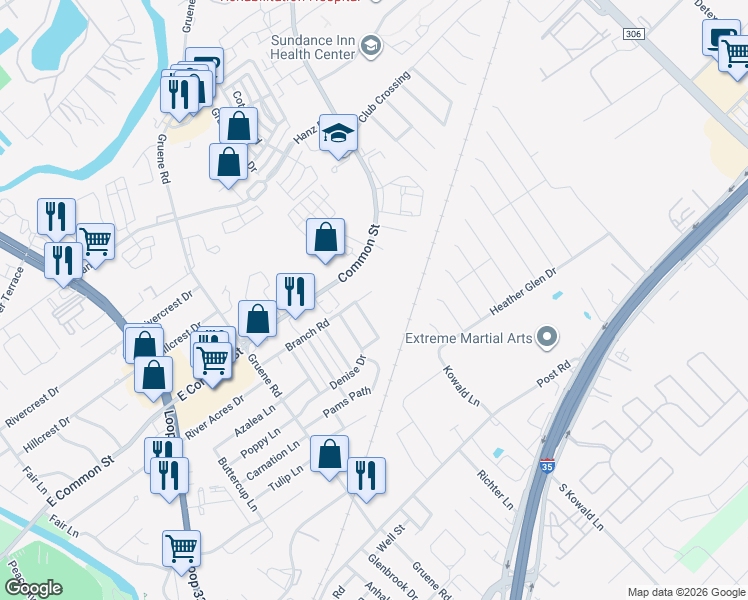 map of restaurants, bars, coffee shops, grocery stores, and more near 302 Branch Road in New Braunfels