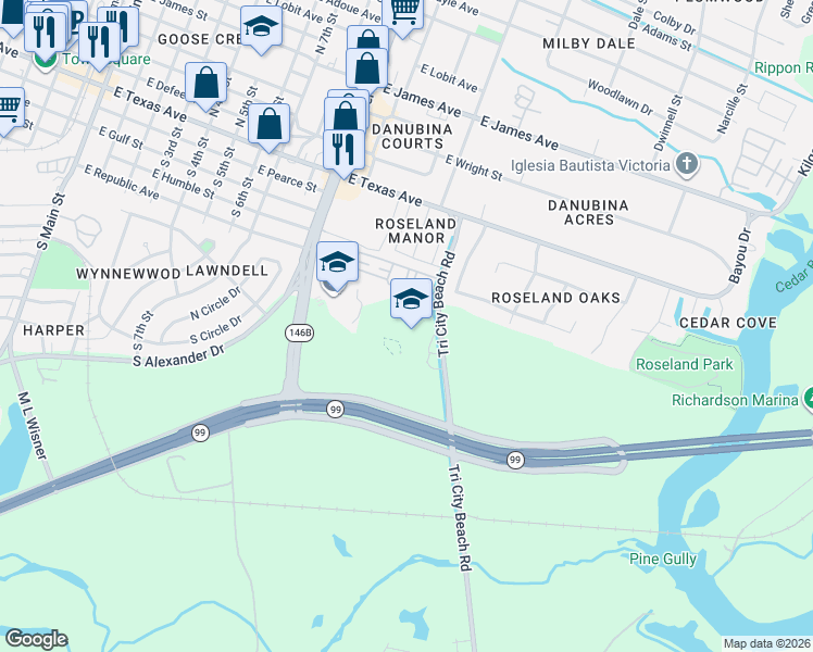 map of restaurants, bars, coffee shops, grocery stores, and more near 305 Tri City Beach Road in Baytown