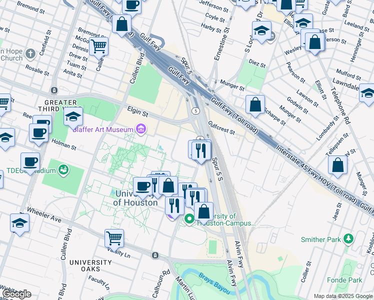 map of restaurants, bars, coffee shops, grocery stores, and more near 4604 Calhoun Road in Houston