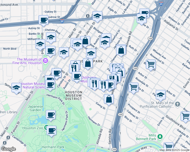 map of restaurants, bars, coffee shops, grocery stores, and more near 5301 Jackson Street in Houston