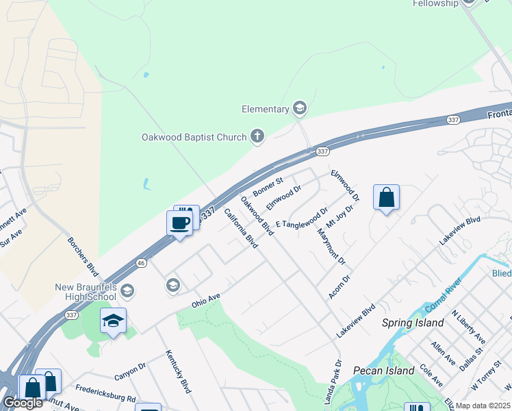 map of restaurants, bars, coffee shops, grocery stores, and more near 808 Oakwood Boulevard in New Braunfels