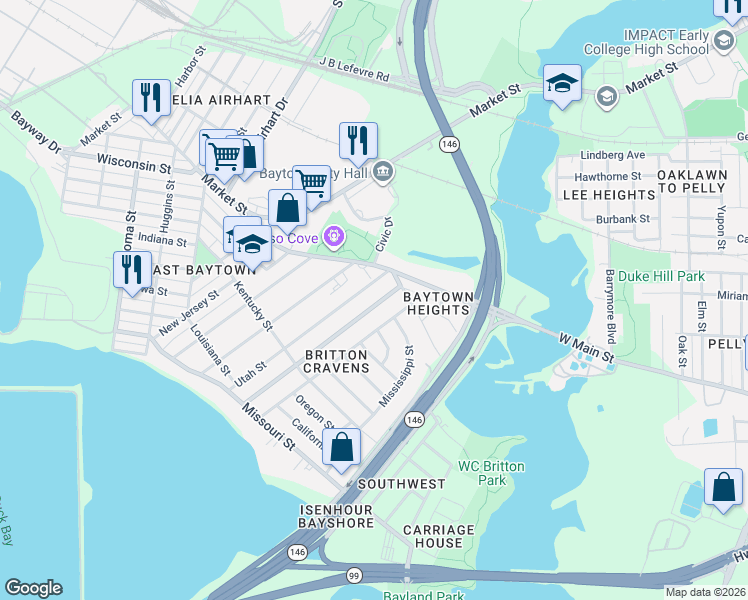 map of restaurants, bars, coffee shops, grocery stores, and more near 1603 Alabama Street in Baytown