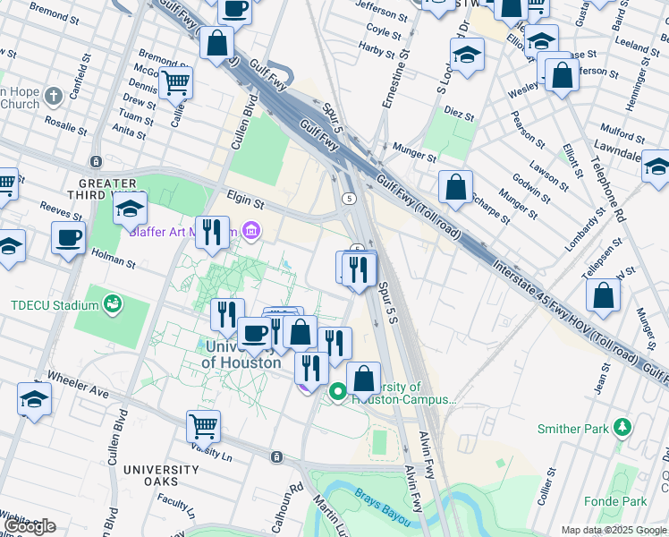 map of restaurants, bars, coffee shops, grocery stores, and more near 4604 Calhoun Road in Houston