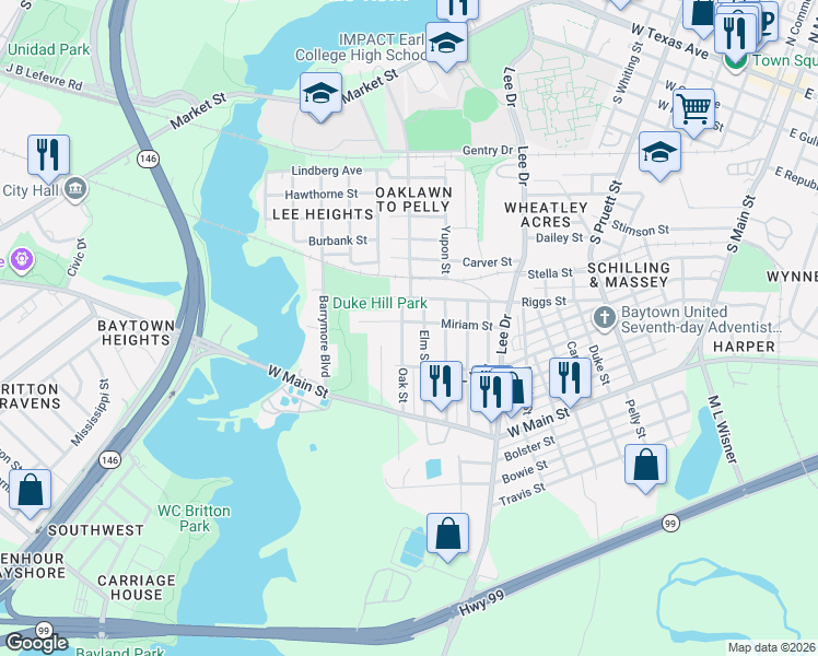 map of restaurants, bars, coffee shops, grocery stores, and more near 1300 Oak St in Baytown