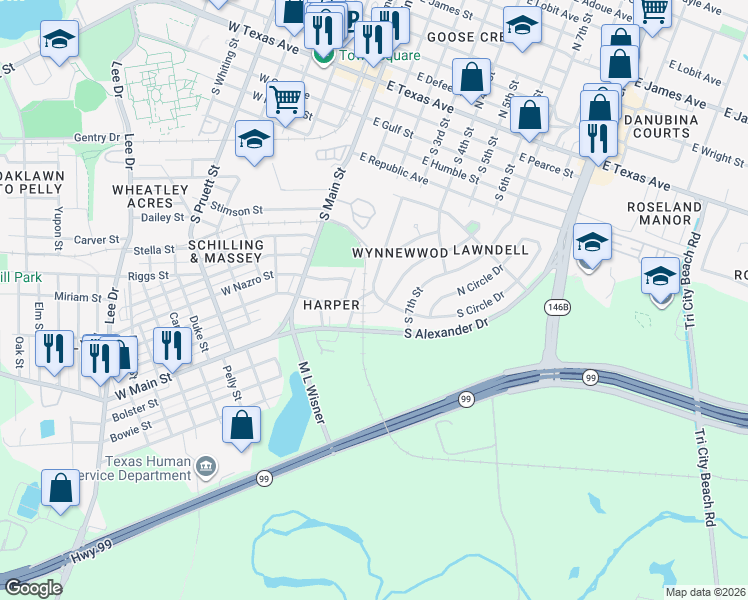 map of restaurants, bars, coffee shops, grocery stores, and more near 1125 Sunset Drive in Baytown
