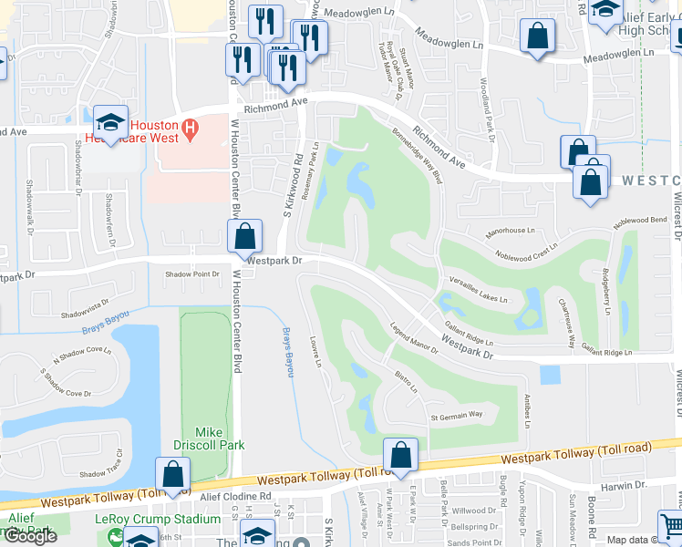 map of restaurants, bars, coffee shops, grocery stores, and more near 11910 Legend Manor Dr in Houston