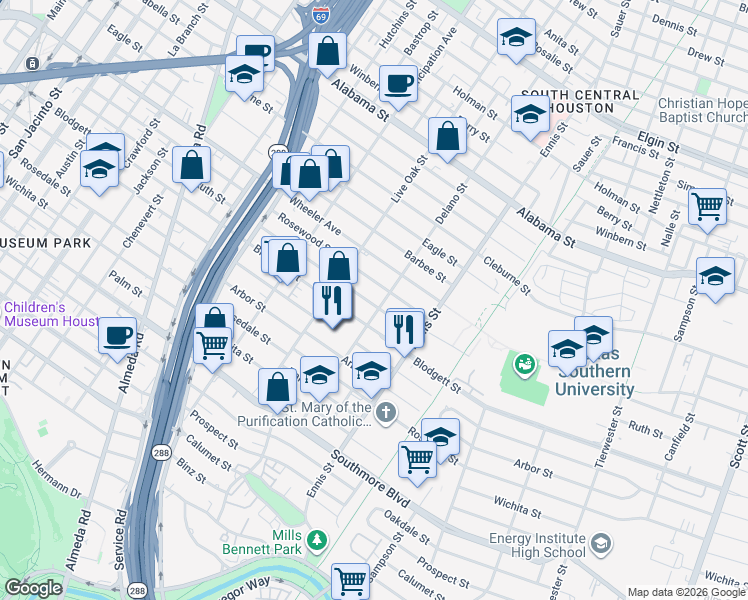 map of restaurants, bars, coffee shops, grocery stores, and more near 2719 Ruth Street in Houston