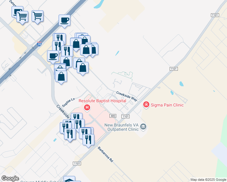 map of restaurants, bars, coffee shops, grocery stores, and more near 602 Creekside Way in New Braunfels