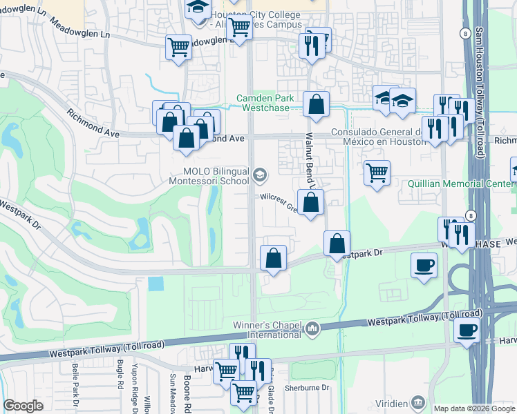 map of restaurants, bars, coffee shops, grocery stores, and more near 3610 Burning Palms Court in Houston