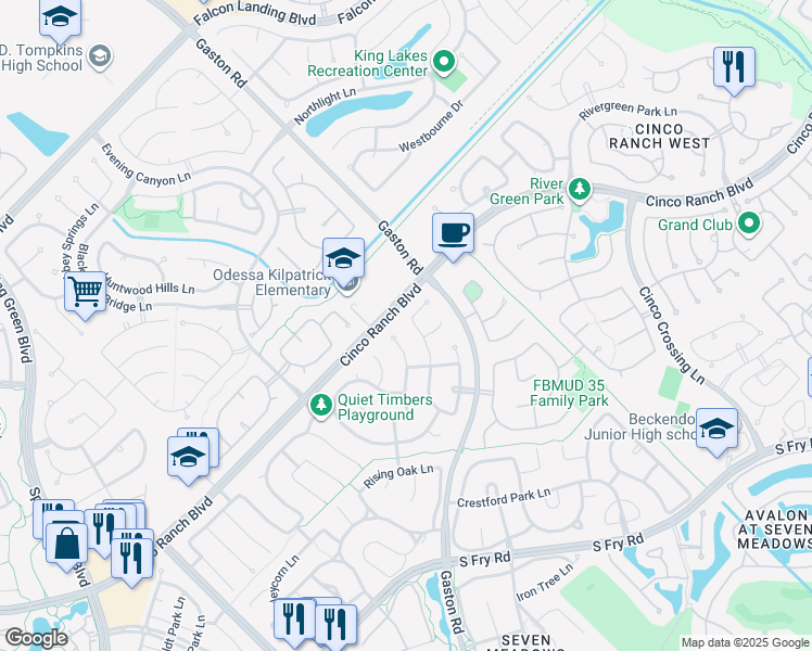 map of restaurants, bars, coffee shops, grocery stores, and more near 5006 Big Meadow Lane in Katy
