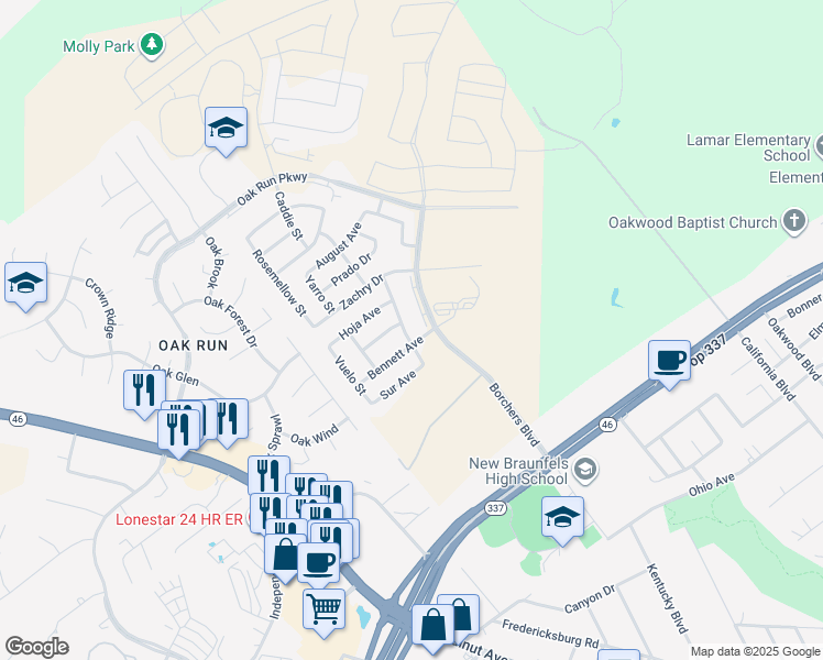 map of restaurants, bars, coffee shops, grocery stores, and more near 354 Nightshade Trail in New Braunfels