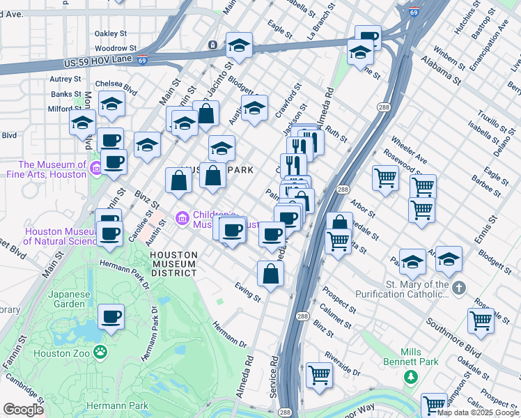 map of restaurants, bars, coffee shops, grocery stores, and more near 1810 Southmore Boulevard in Houston