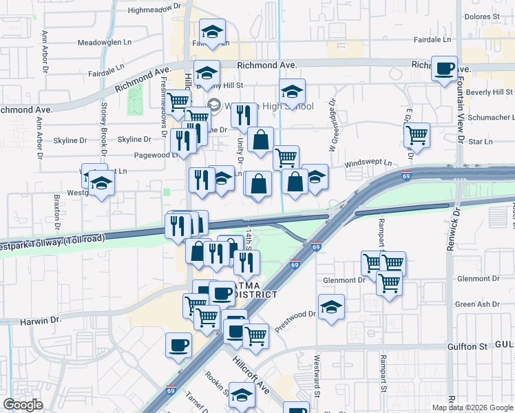 map of restaurants, bars, coffee shops, grocery stores, and more near 6300 Westpark Drive in Houston