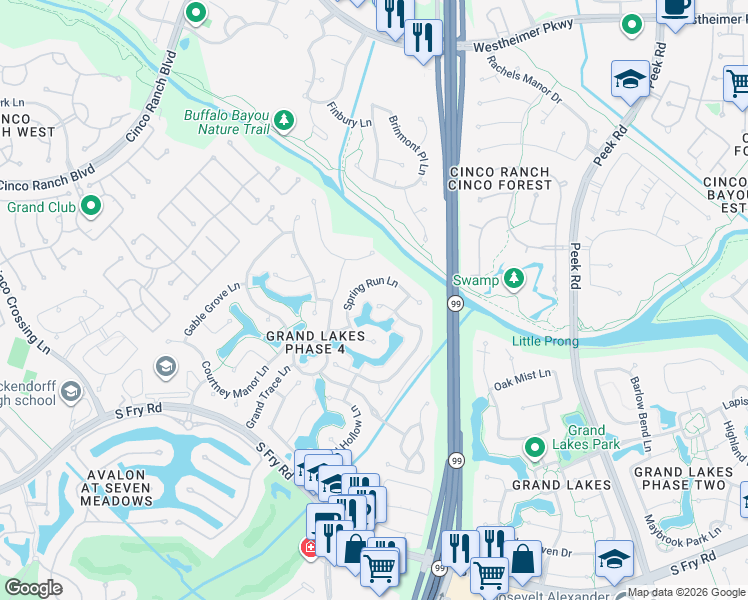 map of restaurants, bars, coffee shops, grocery stores, and more near 7014 Monarch Lake Lane in Katy